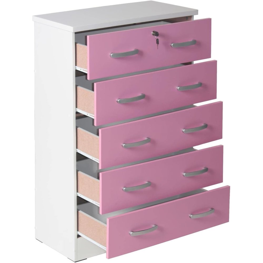 Better Home Products Cindy 5 Drawer Chest Wooden Dresser with Lock in Pink. Picture 5