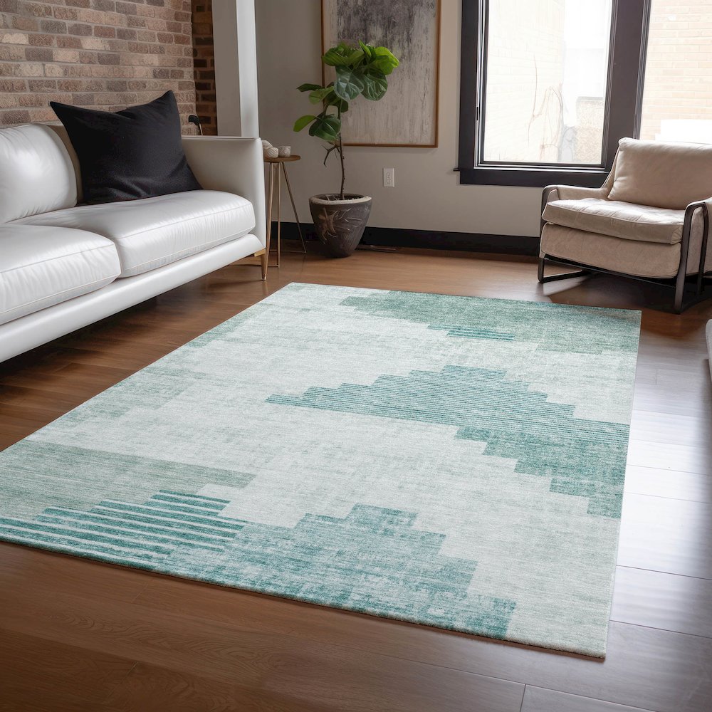 Machine Washable Indoor/Outdoor Chantille Teal 3' x 5' Rug. Picture 5