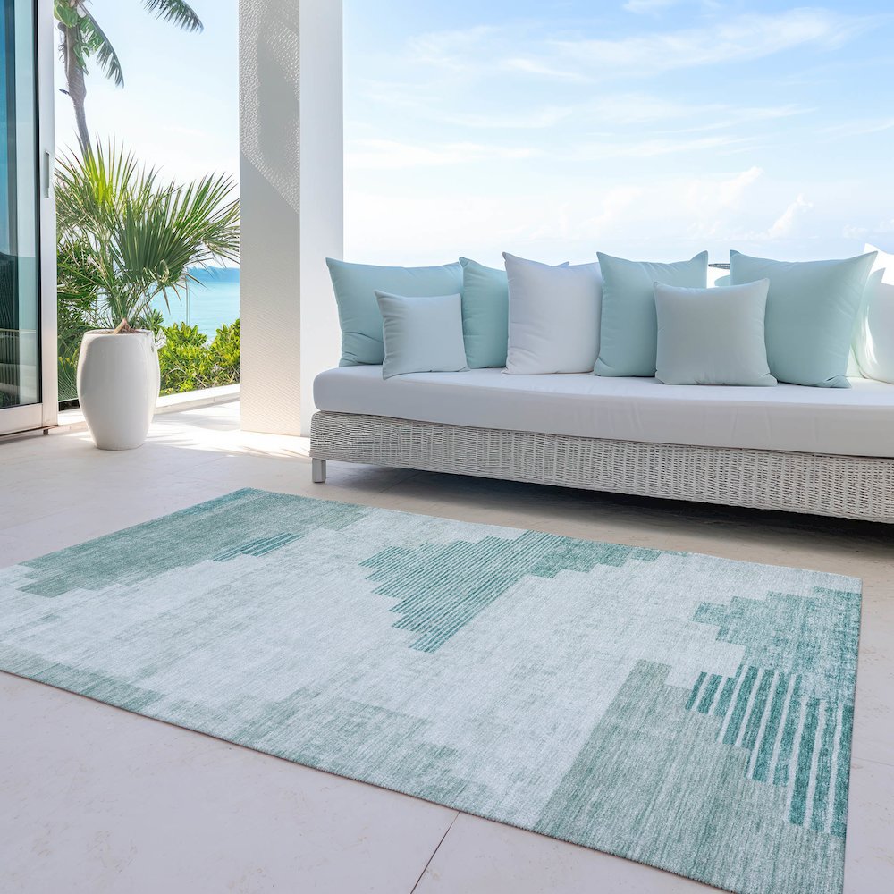 Machine Washable Indoor/Outdoor Chantille Teal 3' x 5' Rug. Picture 7