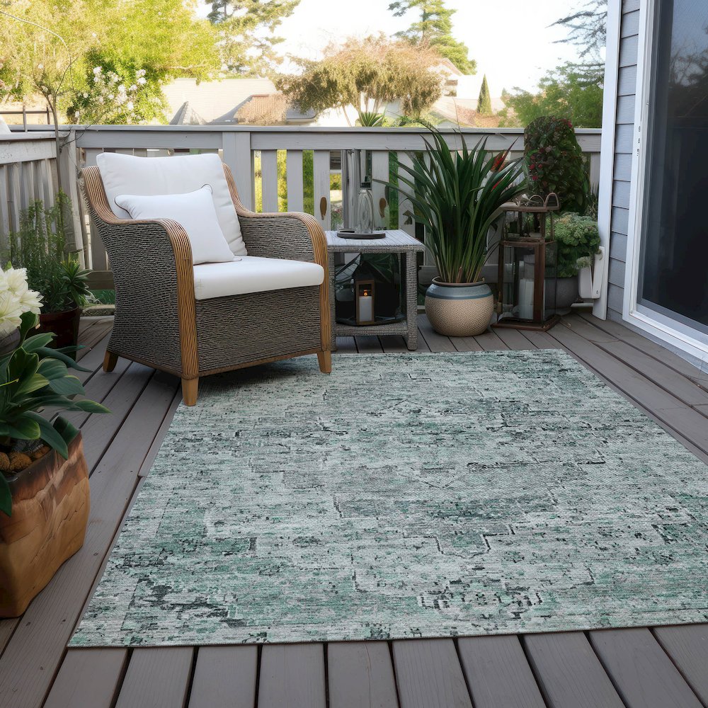 Machine Washable Indoor/Outdoor Chantille Teal 3' x 5' Rug. Picture 8