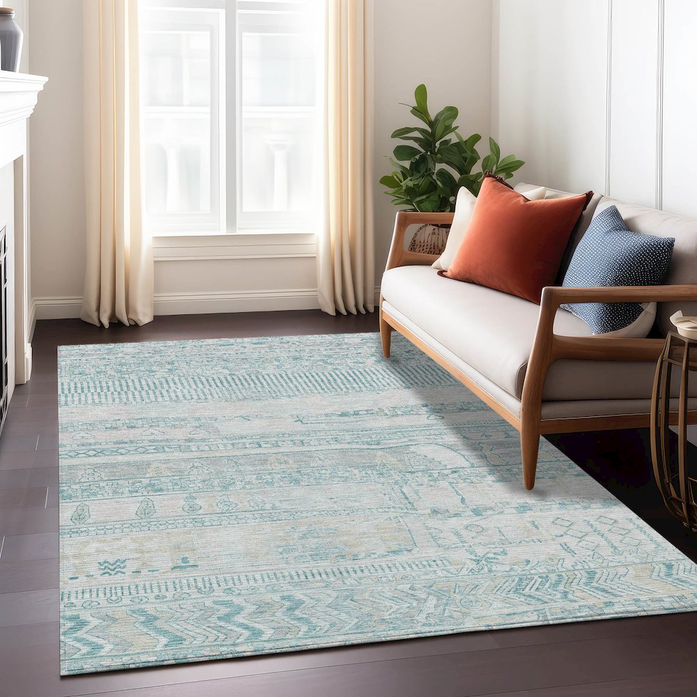 Machine Washable Indoor/Outdoor Chantille Teal 3' x 5' Rug. Picture 6