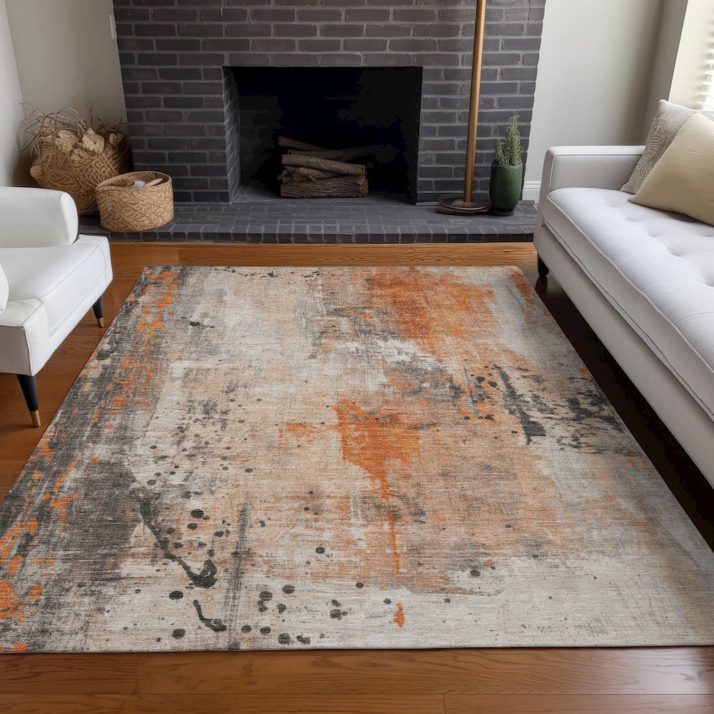 Machine Washable Indoor/Outdoor Chantille Orange 3' x 5' Rug. Picture 6