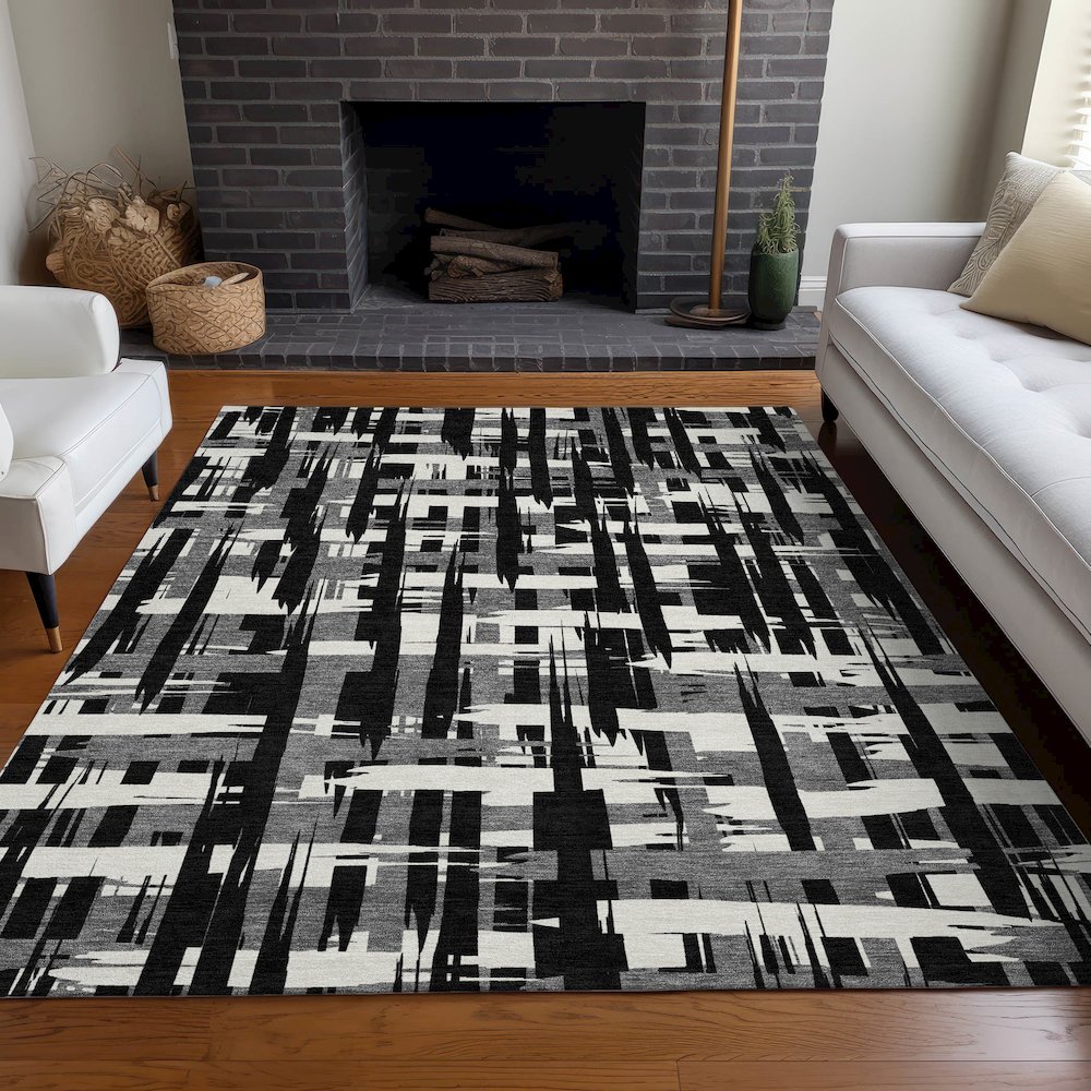 Machine Washable Indoor/Outdoor Chantille Black 3' x 5' Rug. Picture 6