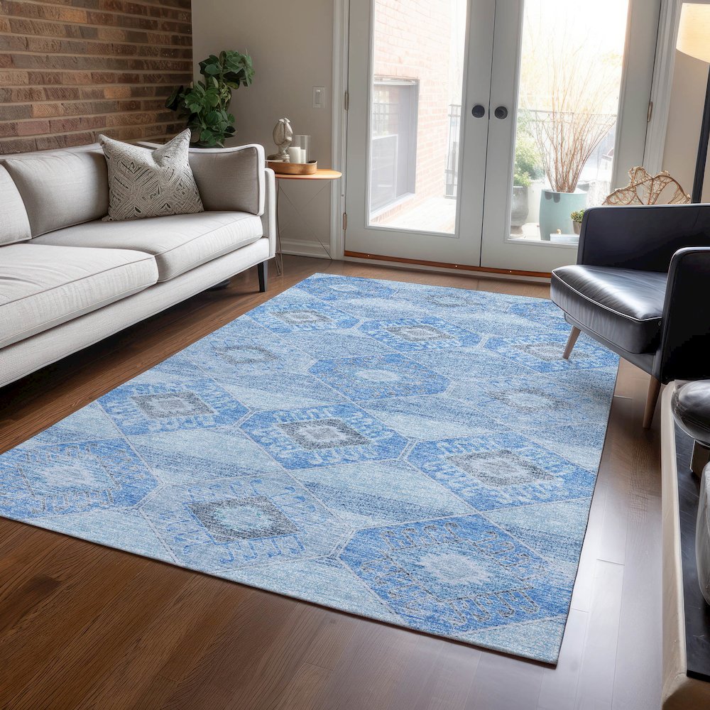 Machine Washable Indoor/Outdoor Chantille Blue 3' x 5' Rug. Picture 5