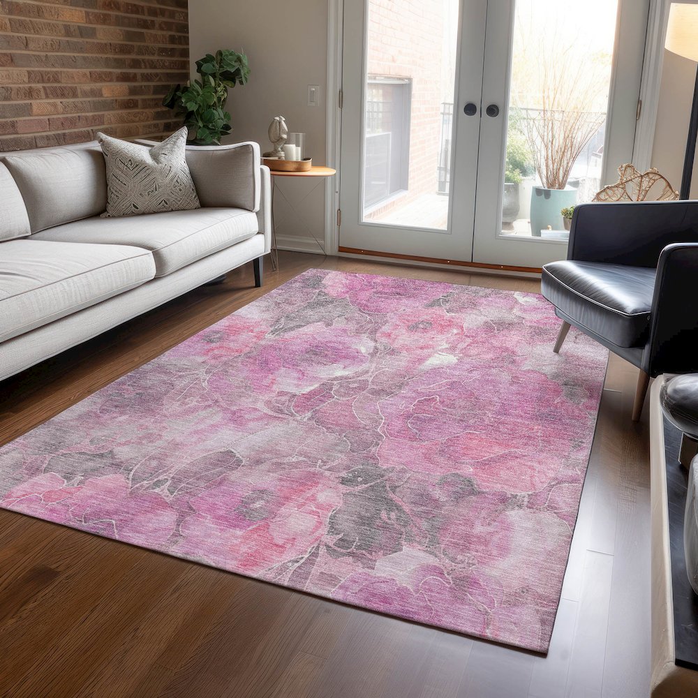 Machine Washable Indoor/Outdoor Chantille Pink 3' x 5' Rug. Picture 5