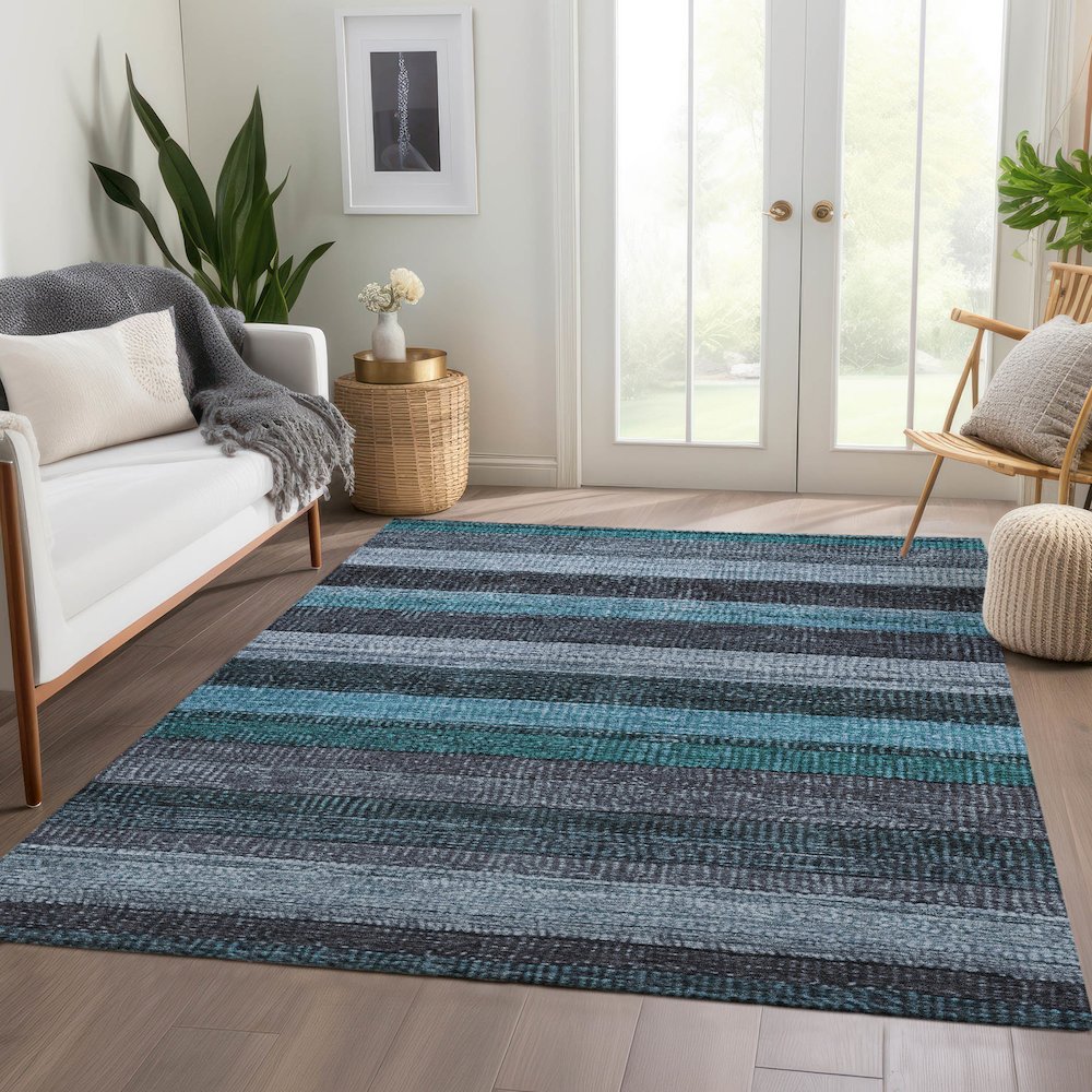 Machine Washable Indoor/Outdoor Chantille Teal 3' x 5' Rug. Picture 6