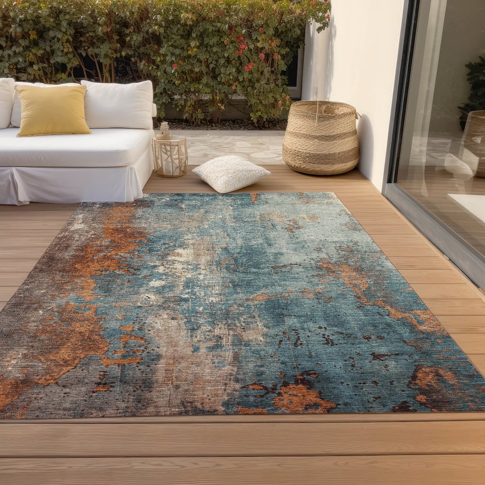 Machine Washable Indoor/Outdoor Chantille Teal 3' x 5' Rug. Picture 8