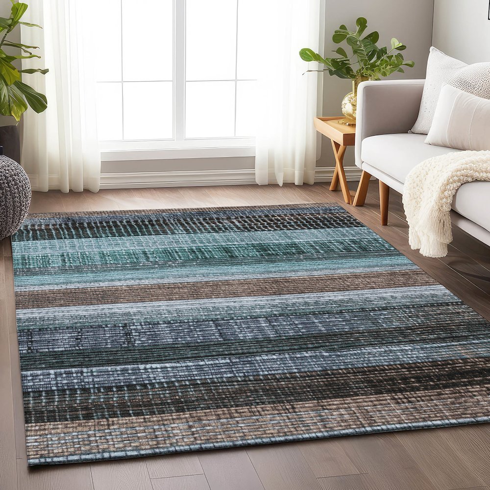 Machine Washable Indoor/Outdoor Chantille Teal 3' x 5' Rug. Picture 5