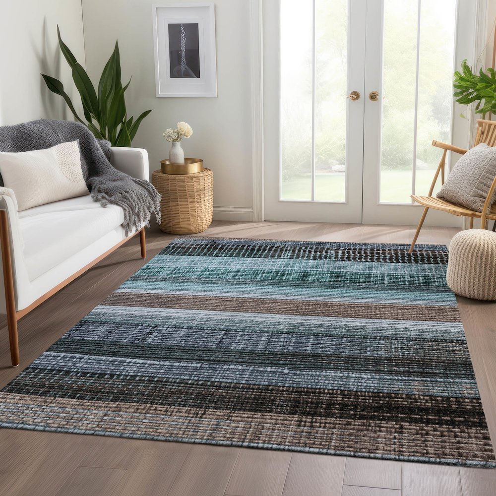 Machine Washable Indoor/Outdoor Chantille Teal 3' x 5' Rug. Picture 6