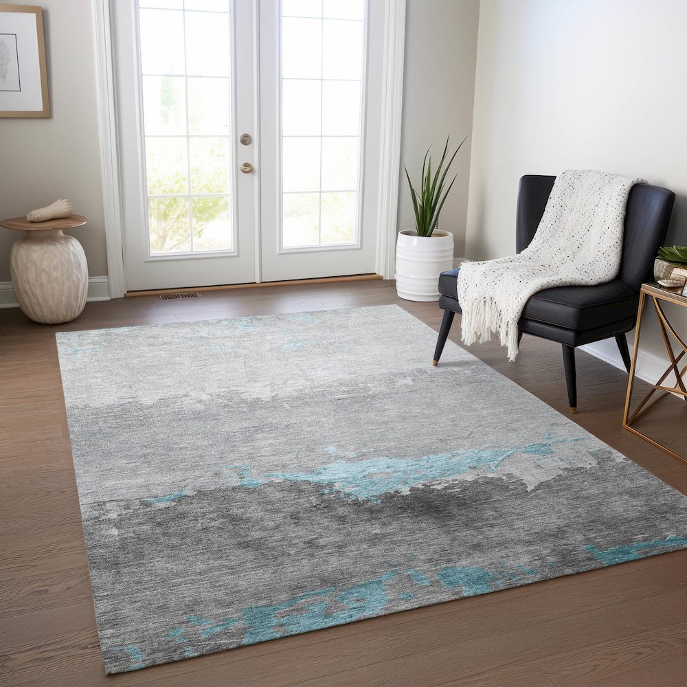Machine Washable Indoor/Outdoor Chantille Teal 3' x 5' Rug. Picture 5