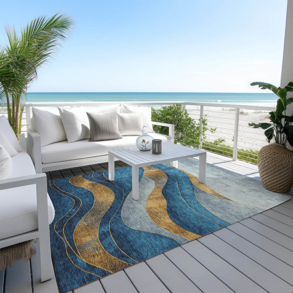 Machine Washable Indoor/Outdoor Chantille Blue 3' x 5' Rug. Picture 7