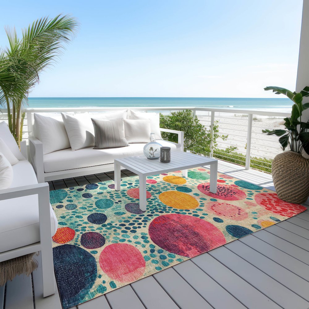 Machine Washable Indoor/Outdoor Chantille Teal 3' x 5' Rug. Picture 7