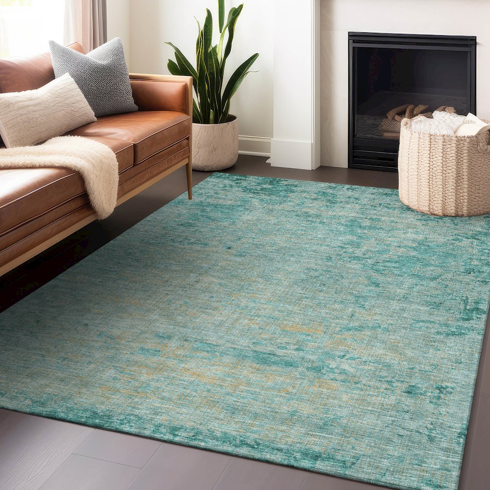 Machine Washable Indoor/Outdoor Chantille Teal 3' x 5' Rug. Picture 5