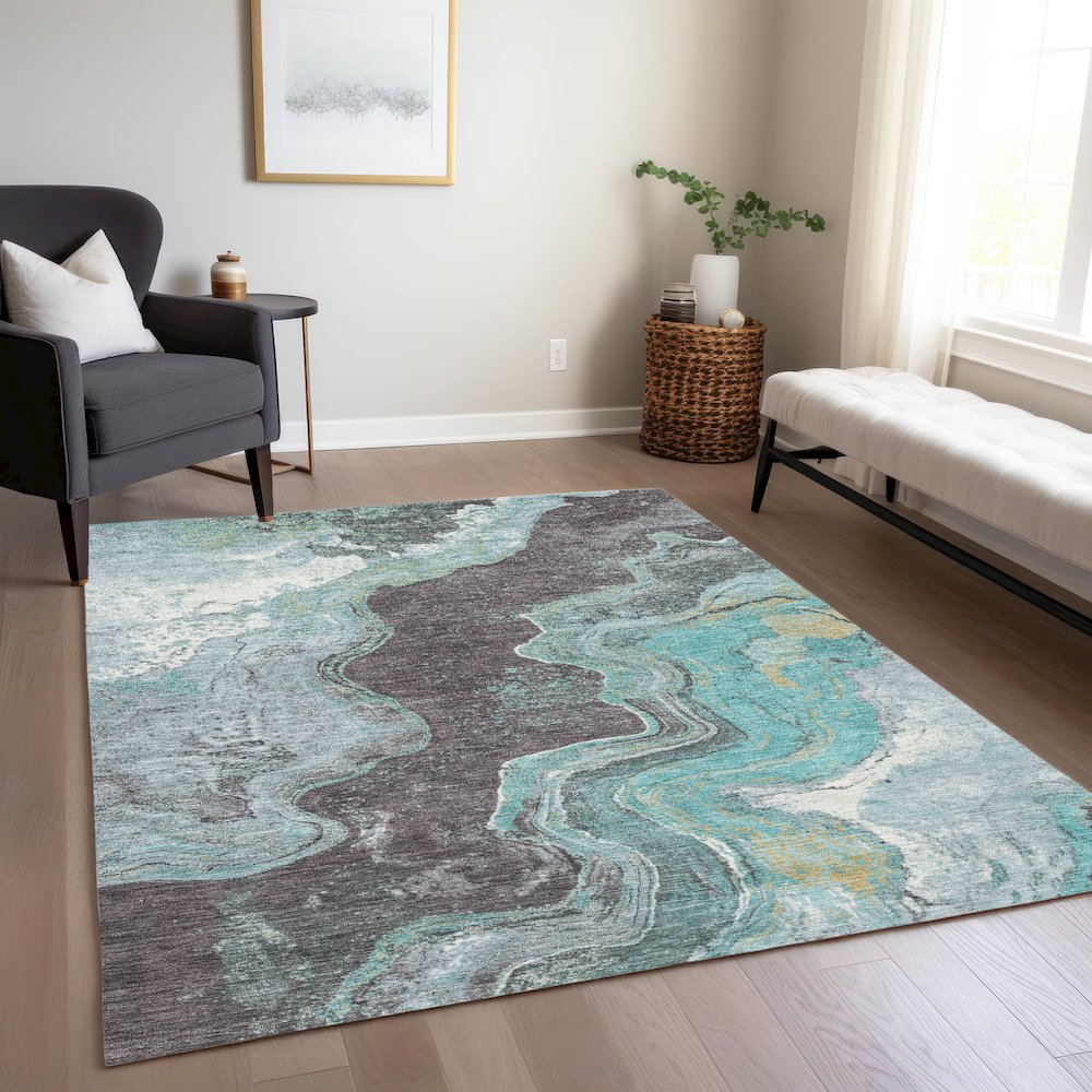 Machine Washable Indoor/Outdoor Chantille Teal 3' x 5' Rug. Picture 6