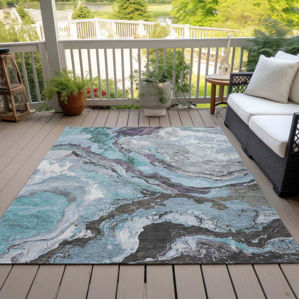 Machine Washable Indoor/Outdoor Chantille Teal 3' x 5' Rug. Picture 8