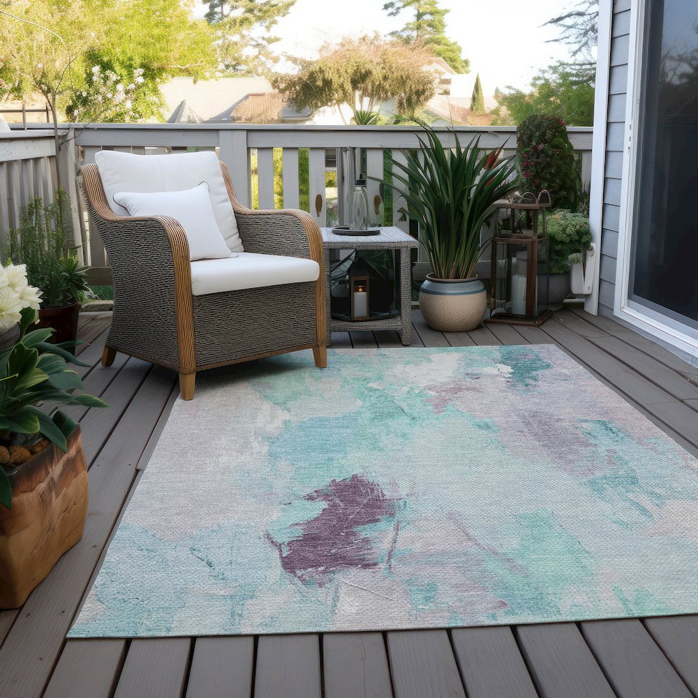 Machine Washable Indoor/Outdoor Chantille Teal 3' x 5' Rug. Picture 7