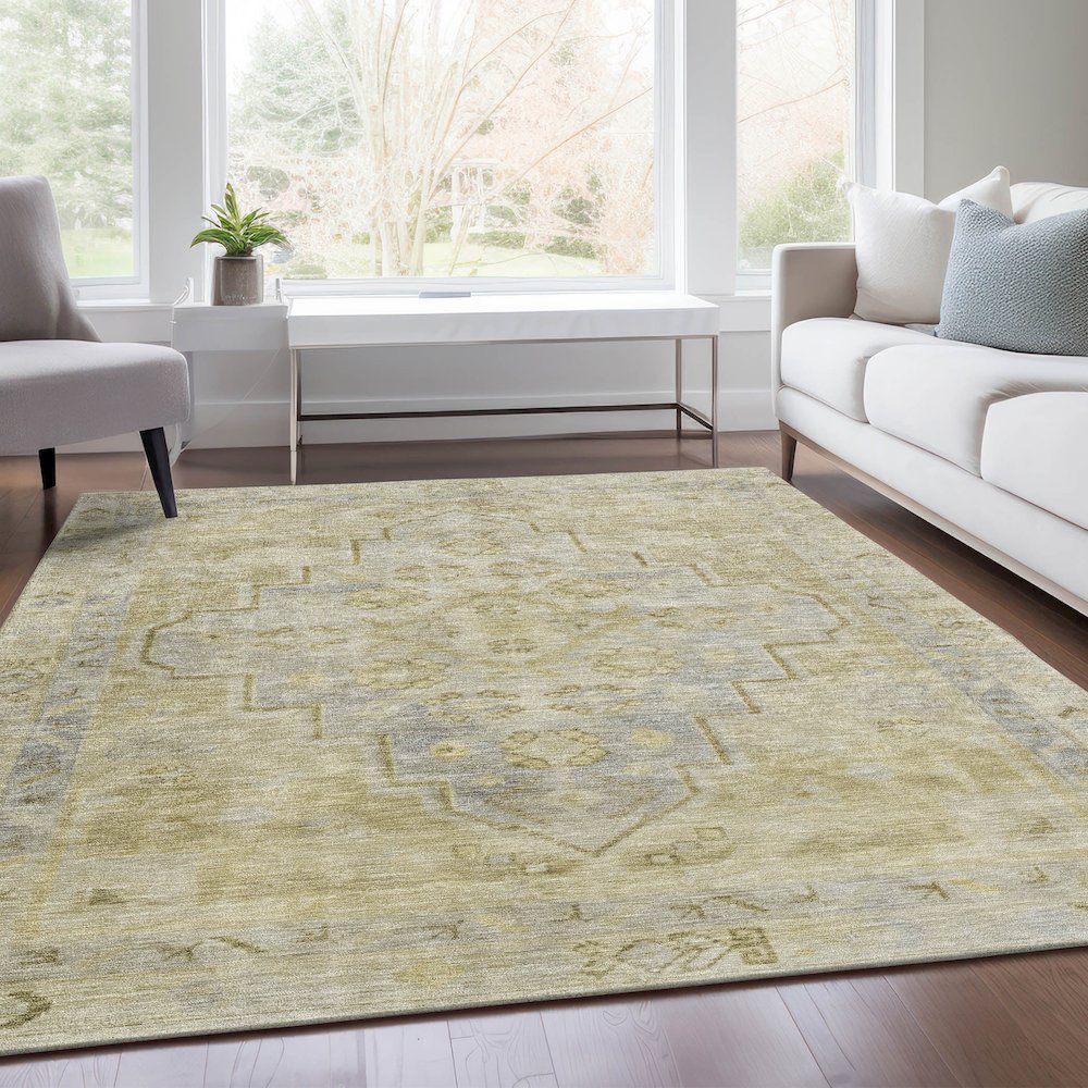 Machine Washable Indoor/Outdoor Chantille Gold 3' x 5' Rug. Picture 6