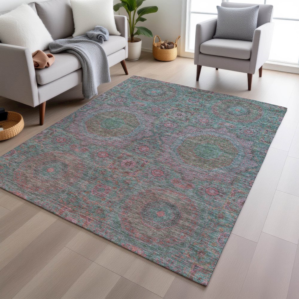 Machine Washable Indoor/Outdoor Chantille Teal 3' x 5' Rug. Picture 5