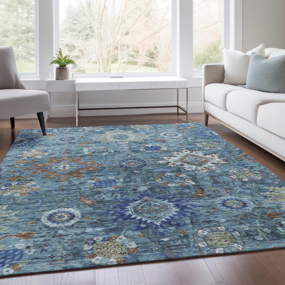 Machine Washable Indoor/Outdoor Chantille Blue 3' x 5' Rug. Picture 6