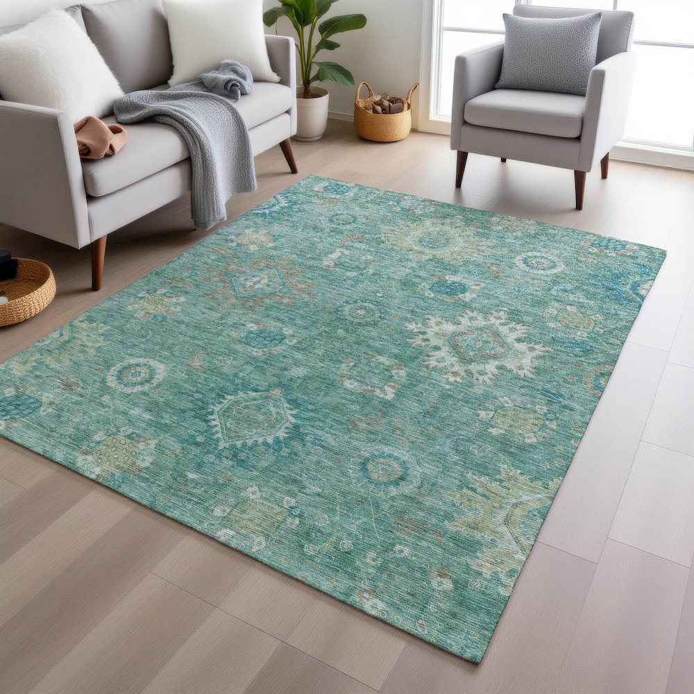Machine Washable Indoor/Outdoor Chantille Teal 3' x 5' Rug. Picture 5