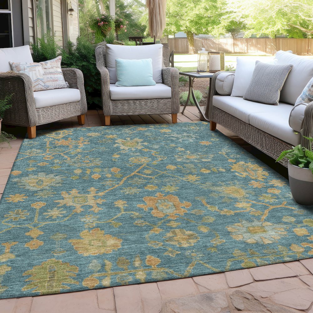 Machine Washable Indoor/Outdoor Chantille Teal 3' x 5' Rug. Picture 7