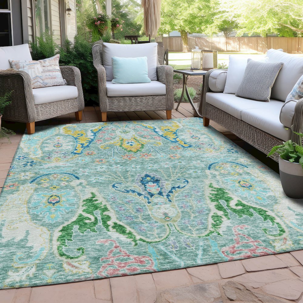Machine Washable Indoor/Outdoor Chantille Teal 3' x 5' Rug. Picture 7