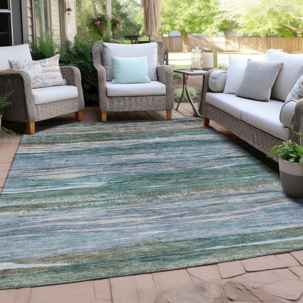 Machine Washable Indoor/Outdoor Chantille Teal 3' x 5' Rug. Picture 7