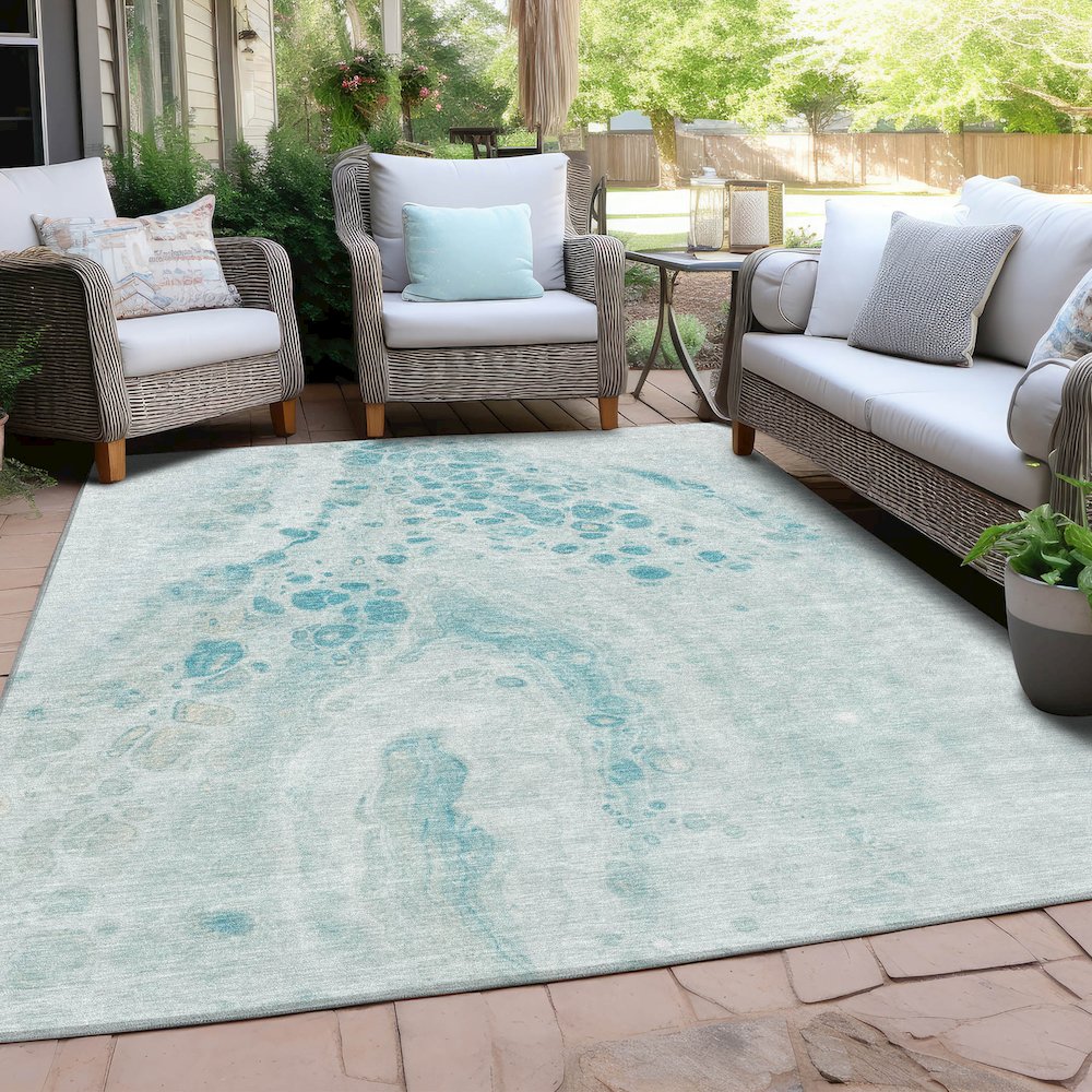 Machine Washable Indoor/Outdoor Chantille Teal 3' x 5' Rug. Picture 7