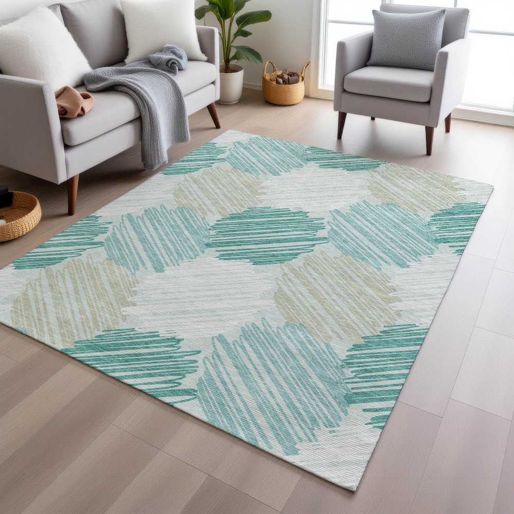 Machine Washable Indoor/Outdoor Chantille Teal 3' x 5' Rug. Picture 5
