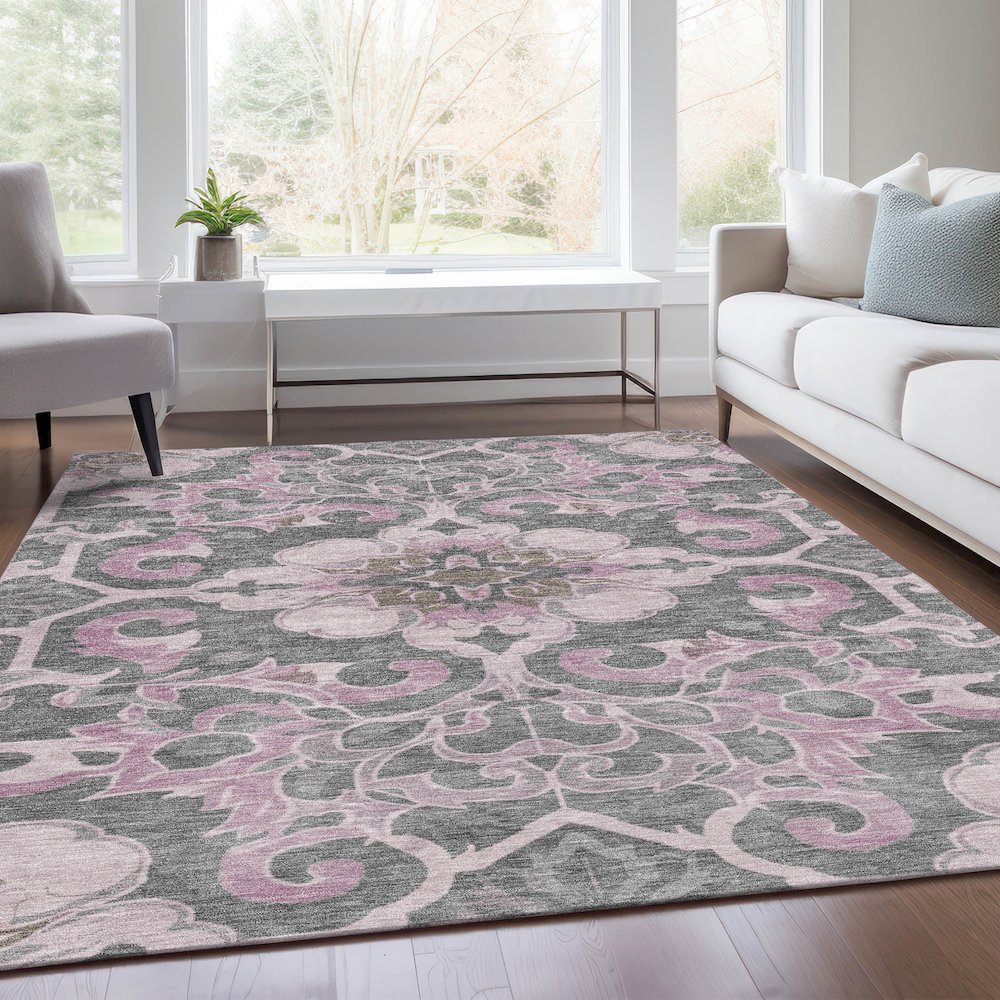 Machine Washable Indoor/Outdoor Chantille Pink 3' x 5' Rug. Picture 6