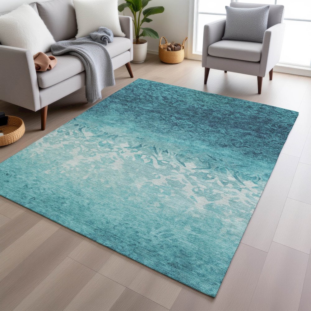 Machine Washable Indoor/Outdoor Chantille Teal 3' x 5' Rug. Picture 5