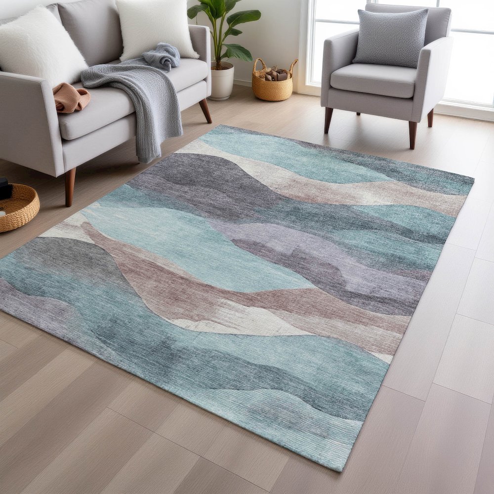 Machine Washable Indoor/Outdoor Chantille Teal 3' x 5' Rug. Picture 5
