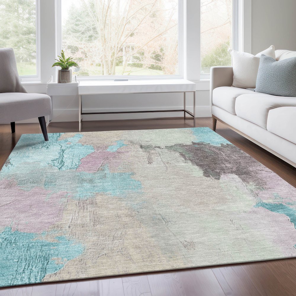 Machine Washable Indoor/Outdoor Chantille Teal 3' x 5' Rug. Picture 6