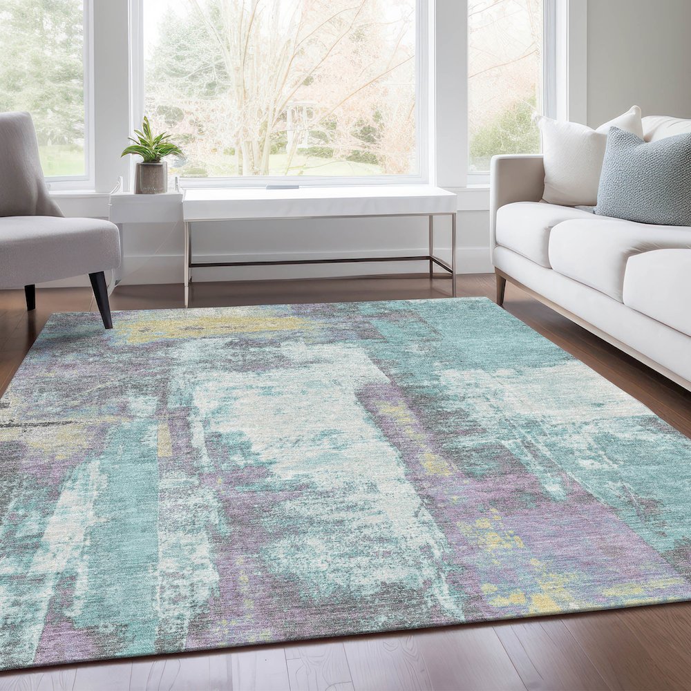 Machine Washable Indoor/Outdoor Chantille Teal 3' x 5' Rug. Picture 6