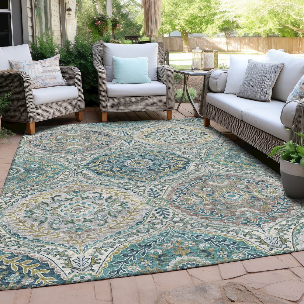 Machine Washable Indoor/Outdoor Chantille Teal 3' x 5' Rug. Picture 7