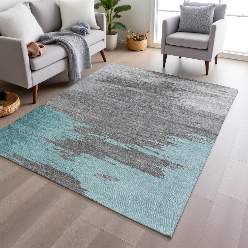 Machine Washable Indoor/Outdoor Chantille Teal 3' x 5' Rug. Picture 5