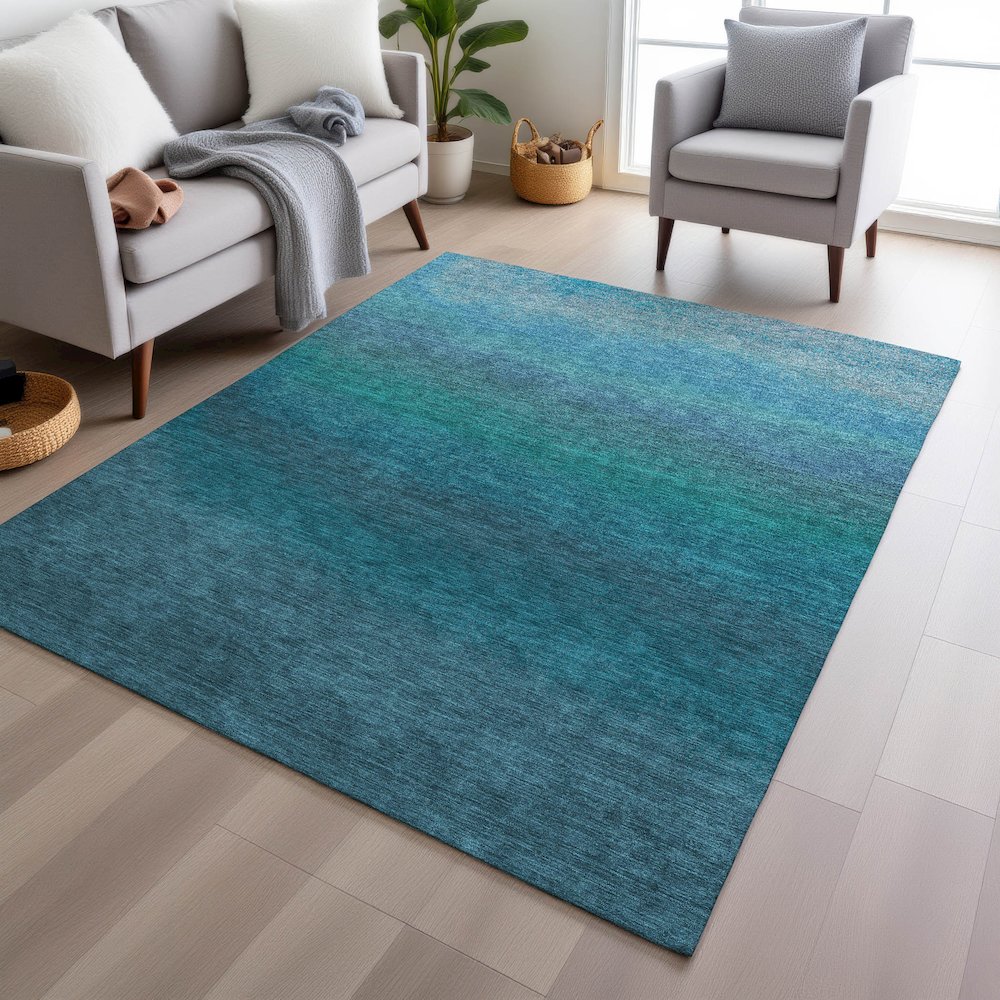 Machine Washable Indoor/Outdoor Chantille Teal 3' x 5' Rug. Picture 5