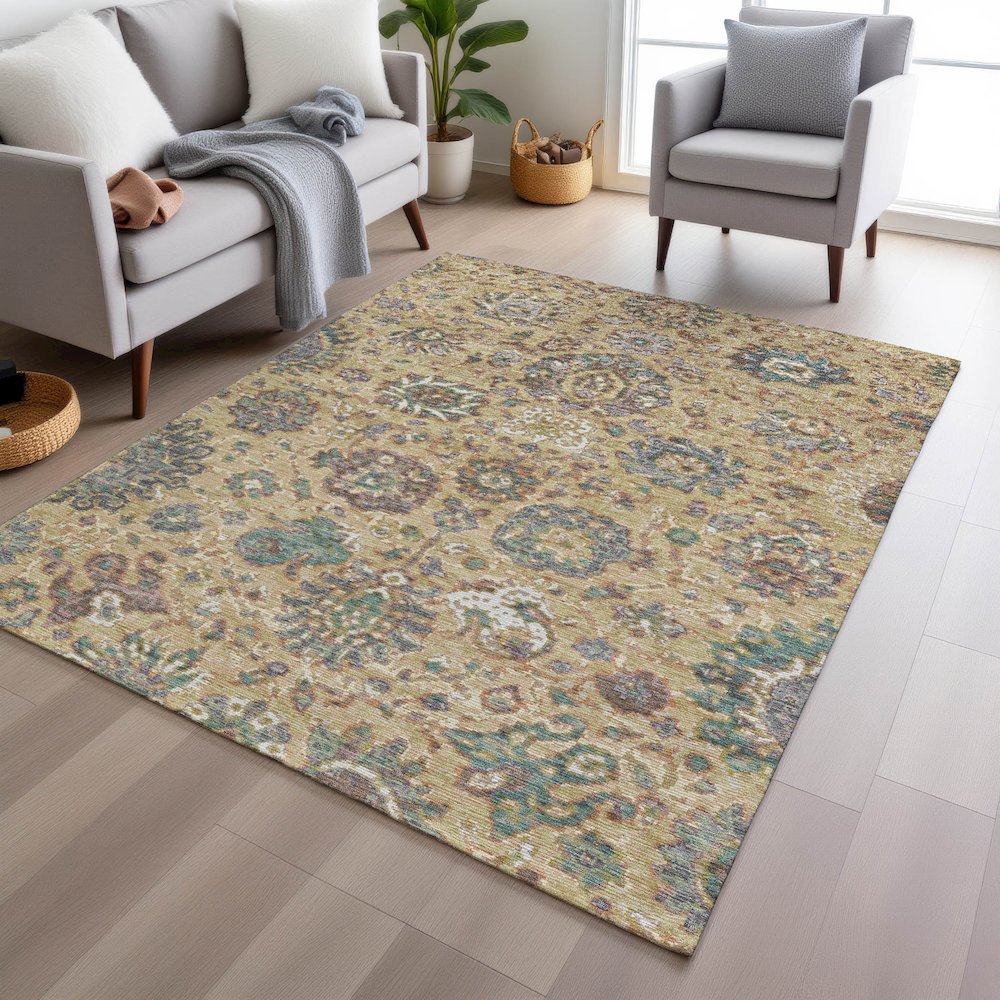 Machine Washable Indoor/Outdoor Chantille Gold 3' x 5' Rug. Picture 5