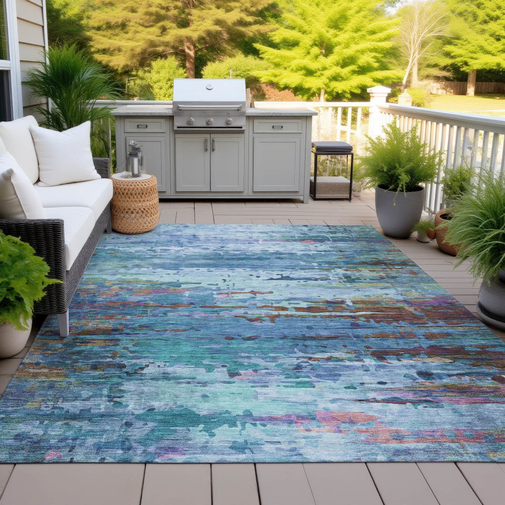Machine Washable Indoor/Outdoor Chantille ACN2035 Blue 3' x 5' Rug. Picture 7