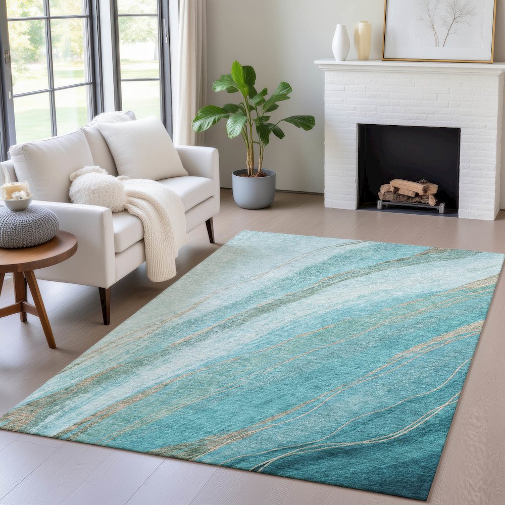 Machine Washable Indoor/Outdoor Chantille ACN2036 Turquoise 3' x 5' Rug. Picture 5