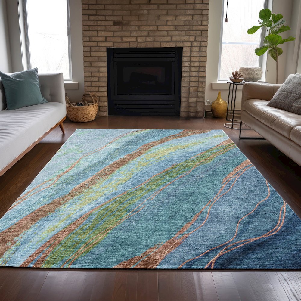 Machine Washable Indoor/Outdoor Chantille ACN2037 Blue 3' x 5' Rug. Picture 6