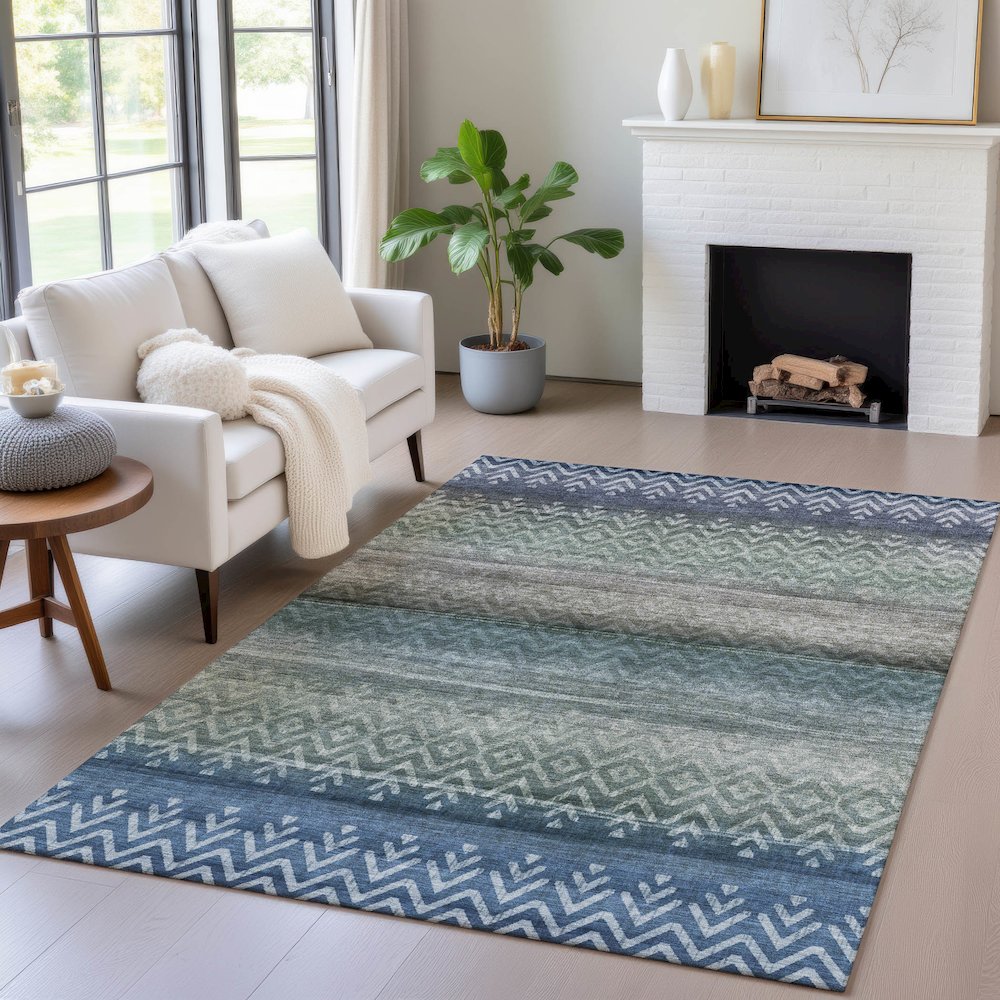 Machine Washable Indoor/Outdoor Chantille ACN2042 Blue 3' x 5' Rug. Picture 5