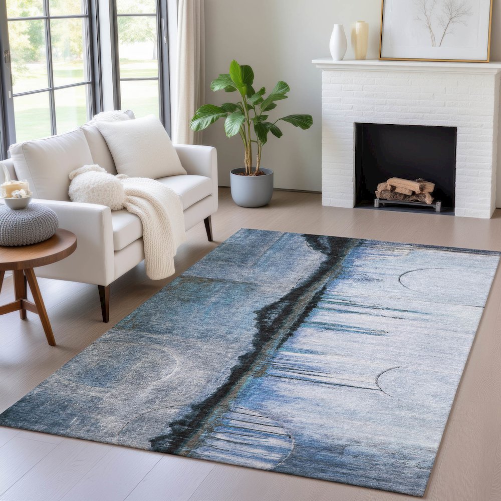 Machine Washable Indoor/Outdoor Chantille ACN2059 Blue 3' x 5' Rug. Picture 5