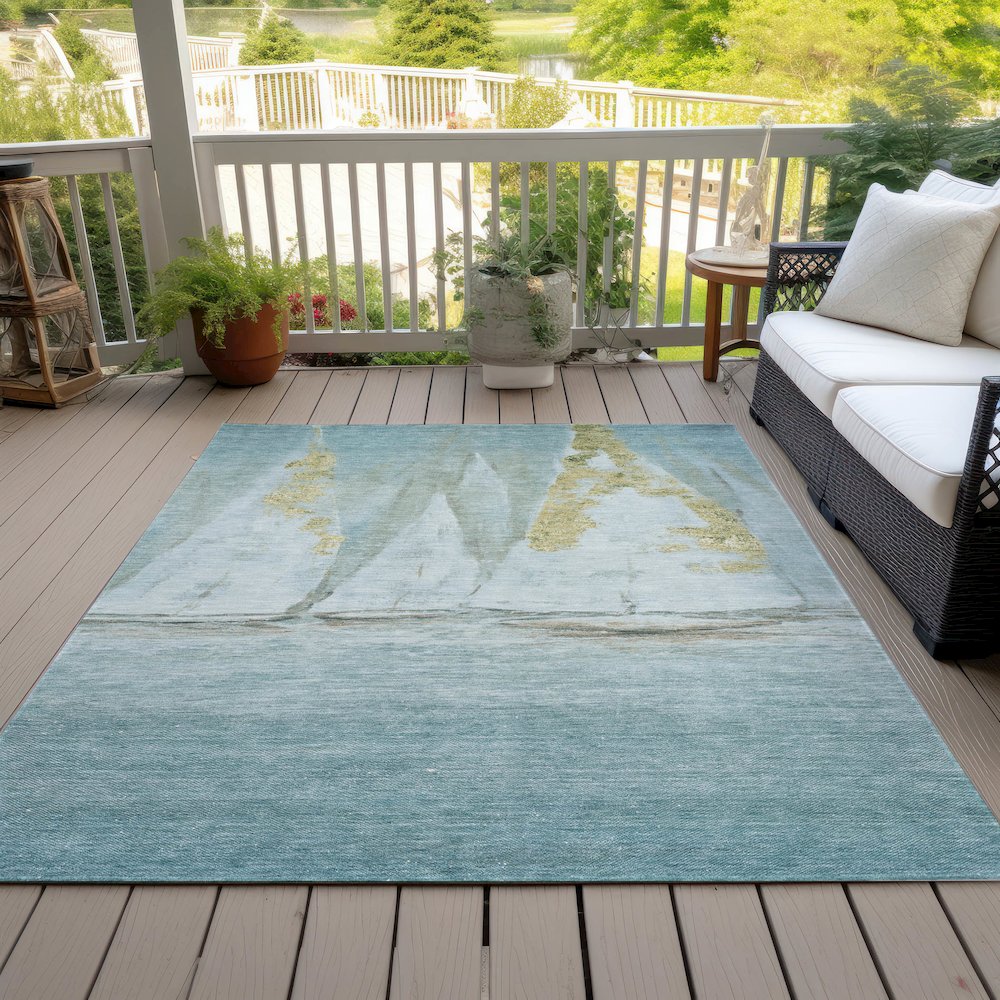 Machine Washable Indoor/Outdoor Chantille ACN2084 Teal 3' x 5' Rug. Picture 8