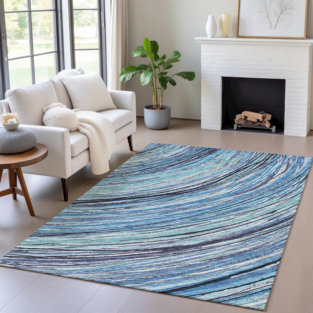 Machine Washable Indoor/Outdoor Chantille ACN2094 Blue 3' x 5' Rug. Picture 5