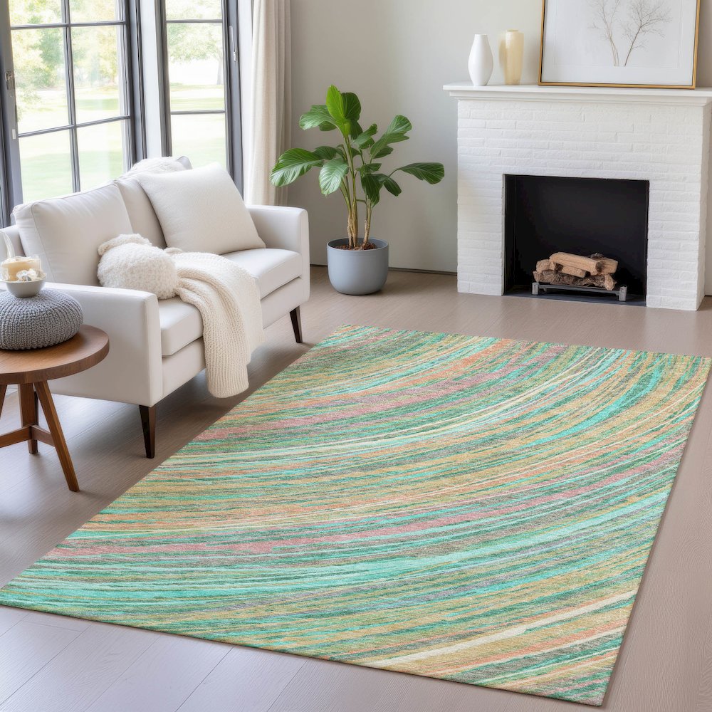 Machine Washable Indoor/Outdoor Chantille ACN2094 Teal 3' x 5' Rug. Picture 5