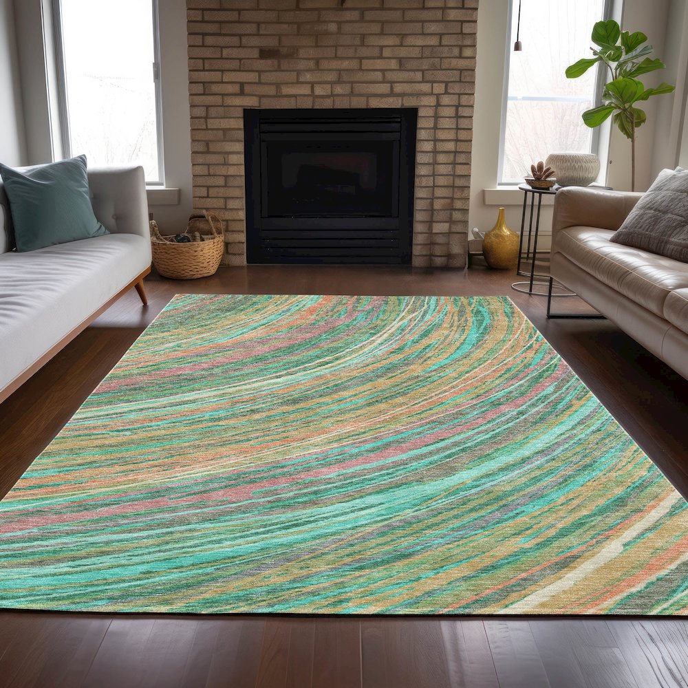 Machine Washable Indoor/Outdoor Chantille ACN2094 Teal 3' x 5' Rug. Picture 6