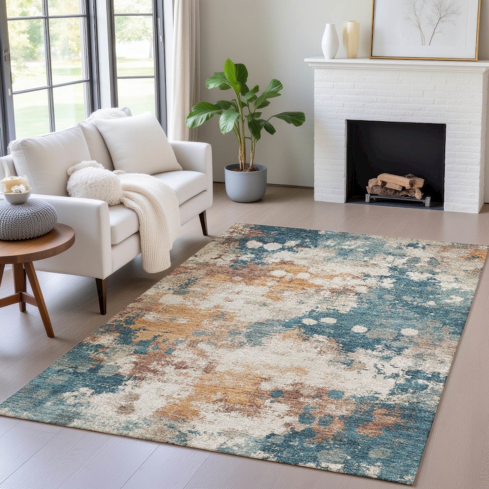 Machine Washable Indoor/Outdoor Chantille ACN2114 Teal 3' x 5' Rug. Picture 5