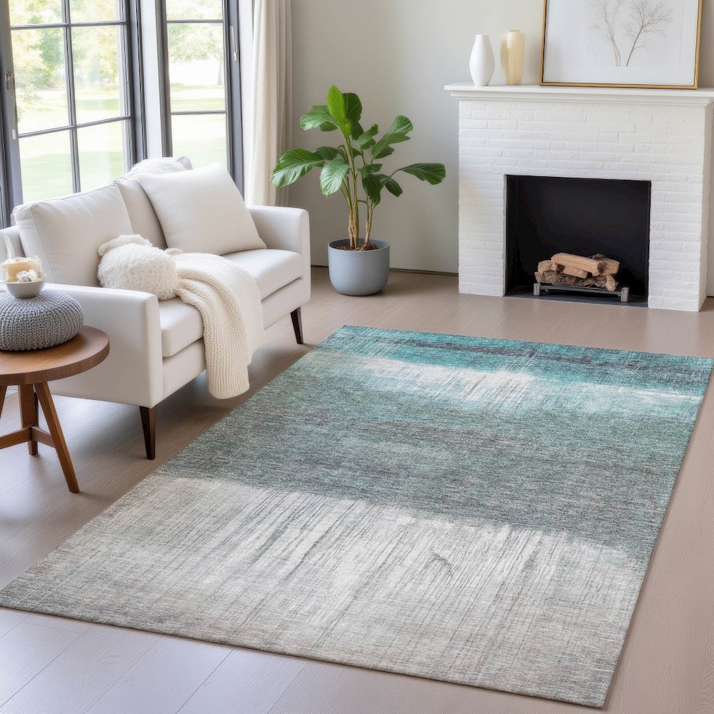 Machine Washable Indoor/Outdoor Chantille ACN2118 Teal 3' x 5' Rug. Picture 5
