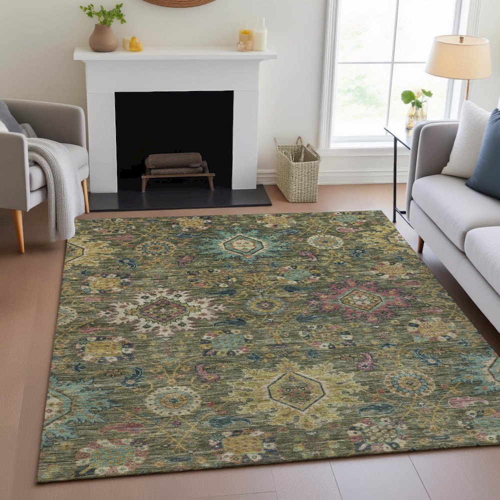 Machine Washable Indoor/Outdoor Chantille ACN2151 Olive 3' x 5' Rug. Picture 5